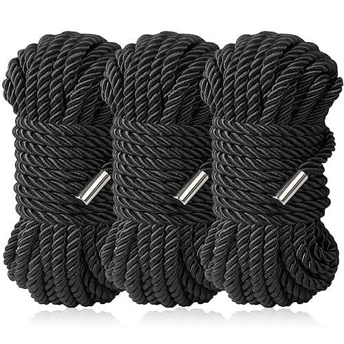 BAVIHOR Silk Rope Soft Rope, Skin Friendly Durable Long Rope, 32 Feet 8 mm Multipurpose Long Satin Braided Twisted Rope (3 Black)