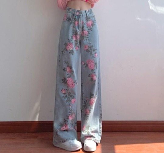 Floral High Waist Baggy Jeans | Blue / M