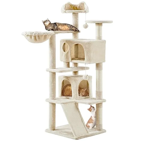 Topeakmart 57 inches Multi-Level Cat Tree Cat Condo with Scratching Posts Kittens Activity Tower Pet Play House Furniture - Beige