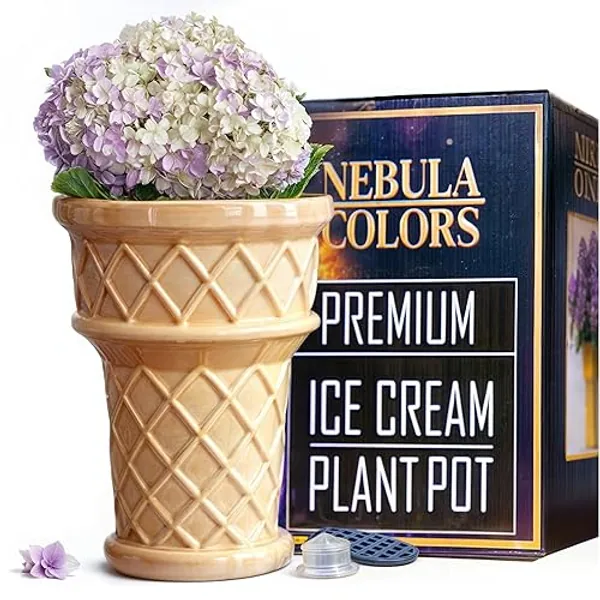 Nebula Colors Fun & Unique Ice Cream Cone Flower Planter Charming 7" Tall Ceramic Vase for Indoor & Outdoor Home Decor – Quirky Retro Garden Art for Plant Lovers - Standard Size