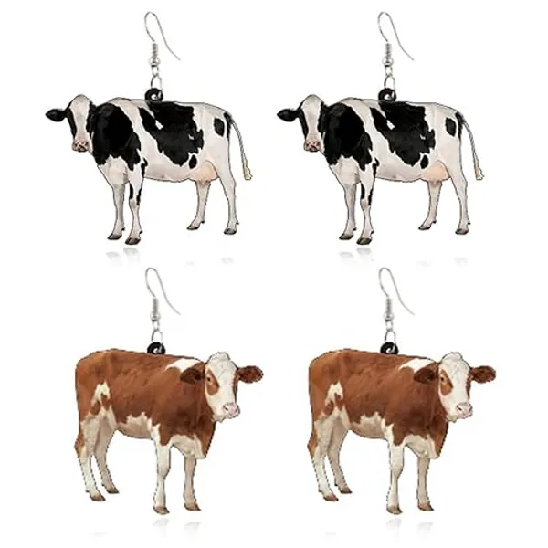 ANDPAI 2 Pairs Unique Funny Acrylic Cartoon Cow Dangle Earrings Cute Chic Dairy Cattle Animal Drop Hook Earrings Sets for Women Statement Jewelry Gifts - White+Yellow