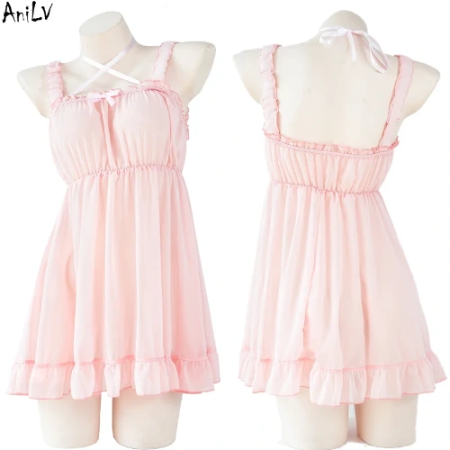 AniLV Anime Lolita Girl Chiffon Dress Unifrom Women Pink Pure Nightdress Pajamas Outfits Costumes Cosplay