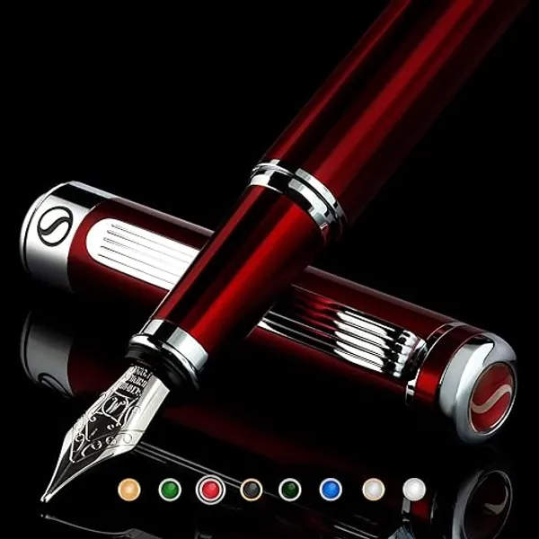 Scriveiner Deep Crimson Red Fountain Pen - Stunning Luxury Pen with Chrome Finish, Schmidt Nib (Medium), Best Pen Gift Set for Men & Women, Professional, Executive, Office, Nice Pens - -Crimson Red with Chrome - Medium Nib