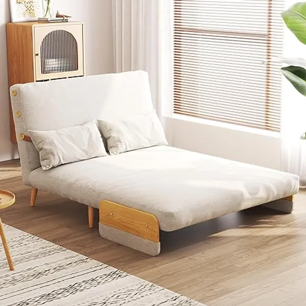 JASIWAY Convertible Sleeper Chair Bed Futon Sofa Bed, 3-in-1 Foldable Lazy Sofa Bed with Wood Arm and Pillows, Linen Chaise Lounge Sofa Couch for Small Space, Apartment, Classic, 76.4" D x 43.3" W - Classic - 43.3" W Sleeper Chair