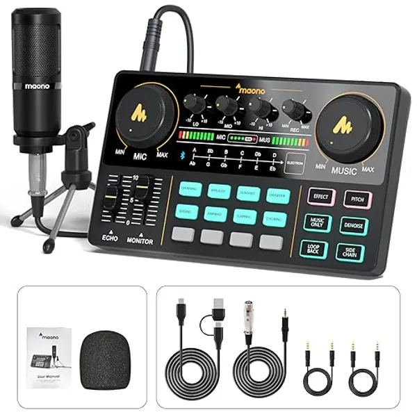 MAONO Podcast Equipment Bundle Audio mixer All-in-One Podcast Production Studio with 3.5mm Microphone for Live Streaming, Podcast Recording, PC, Smartphone, DJ MaonoCaster Lite (AU-AM200-S1) - AU-AM200-S1 Black