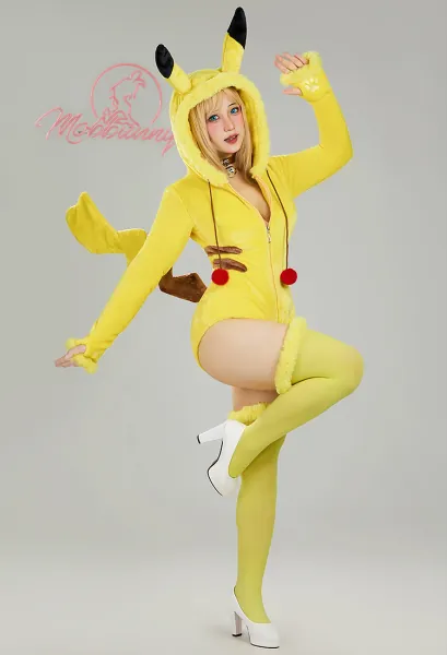 PM Derivative Plush Homewear Fluffy Bodycon Romper Hooded Bodysuit with Thigh socks and Choker