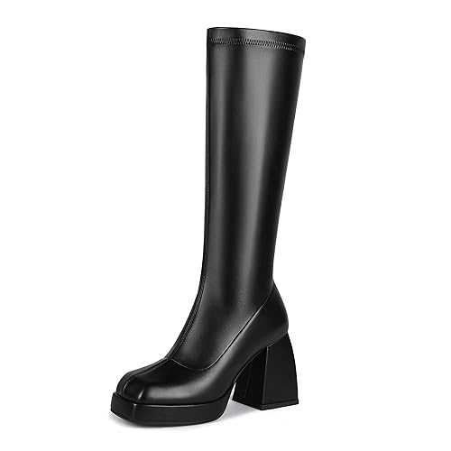 DOBOYG Knee High Boots Women, Platform Boots Chunky Block Heel Stretchy Square Toe Tall Boots Patent Leather Long Boots - 6 - A-black