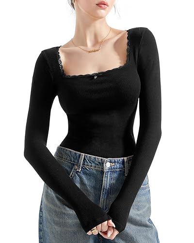 SUUKSESS Women Square Neck Ribbed Long Sleeve Shirts Lace Trim Y2k Crop Top - Black - Large