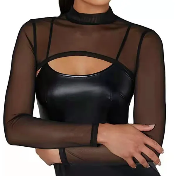 Runhomal Women's Sheer Mesh Long Sleeve Crop Top See Through Tee Shirt Blouse Mock Neck Clubwear