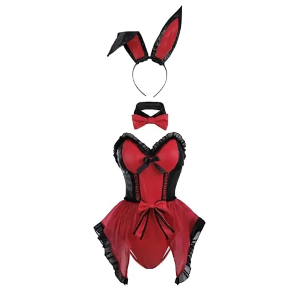 Fiamll Damen Bodysuit Bunny Set Bunny Kostüm Frauen Kaninchen Outfit Set für Halloween Kostüm Cosplay Party