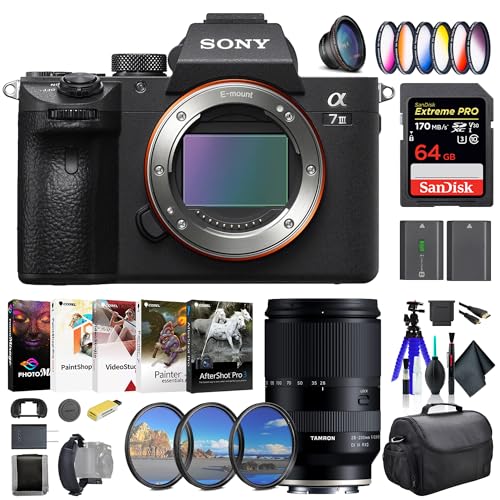 Sony a7 III Mirrorless Camera ILCE7M3/B, Tamron 28-200mm Lens, 64GB Memory Card, Filter Kit, Wide Angle Lens, Color Filter Kit, Lens Hood, Bag, NP-FZ100 Compatible Battery, and More