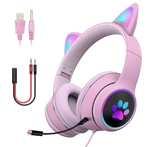 DRAGON SLAY LED 3.5mm Wired Cat Ear Headphones Chat Gaming Headset for Adults and Teens, Adjustable Padded Headband, Detachable Microphone, Noise Cancelling and RGB Light (Pink) - Pink - Headset