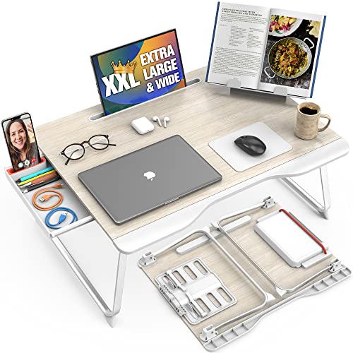 Cooper Mega Table Plus - Premium XXL 26x19in Extra Large Lap Desk w/Book Stand | Multifunctional Folding Laptop Stand for Bed, Laptop Desk for Bed, Laptop Bed Tray, Floor Desk (White Oak) - 26x19in Mega Table Plus - White Oak
