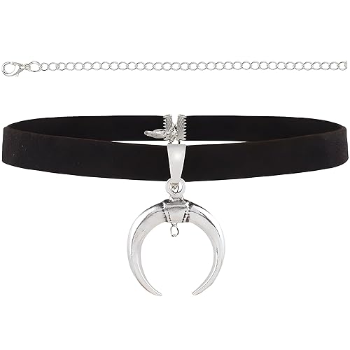 STACKABLE CREATIONS Black Suede Leather Choker Necklace with Silver Crescent Moon Pendant For Women Men