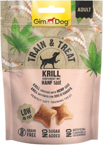 GimDog TRAIN & TREAT - Krill met hennep - Lekkernijen zonder granen met een laag vetgehalte, een ideale trainingssnack - 1 zak (1 x 125 g)