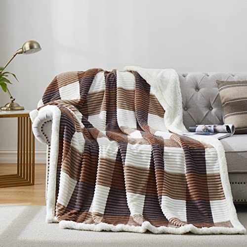 PU MEI Sherpa Blanket Full/Queen Plaid Thick Bed Blanket, 90”*80” Super Soft Flannel Fuzzy Fleece Reversible Velvet Plush Warm Blanket for Couch(Beige Check, 80"*90") - Beige Check - Checkered - 80"*90"