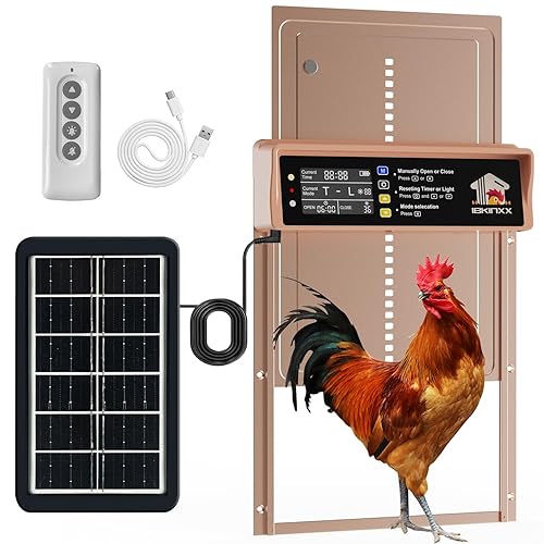 IBKINXX Automatic Chicken Coop Door Solar Powered, LCD Display Chicken Door with Timer & Light Sensor, 4 Modes Auto Chicken Door Solar, Anti-Pinch & Weather Proof Coop Door with Remote Control - Gold