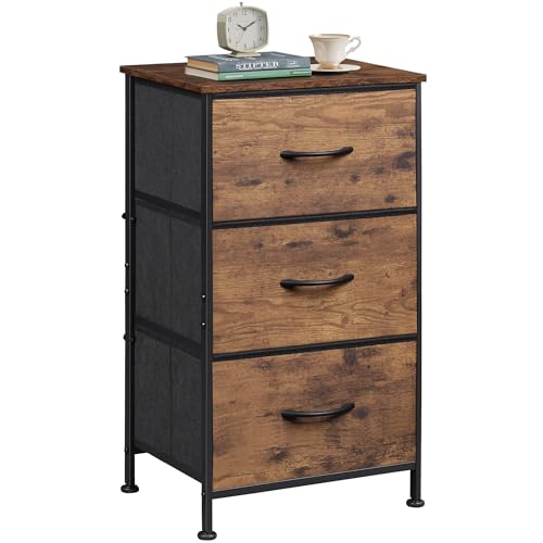 WLIVE Dresser with 3 Drawers, Fabric Nightstand, Organizer Storage Dresser for Bedroom, Hallway, Entryway, Closets, Sturdy Steel Frame, Wood Top, Easy Pull Handle, Rustic Brown Wood Grain Print - Rustic Brown Wood Grain Print - Modern