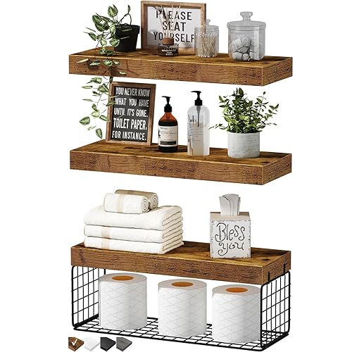 QEEIG Bathroom Shelves Over Toilet Wall Mounted Floating Shelves Farmhouse Shelf Toilet Paper Storage Small 16 inch Set of 3, Rustic Brown (019-BN3) - 3pcs - A. Brown