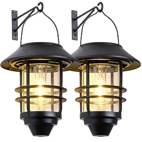 Solar Lantern Outdoor Lights, Hanging Wireless Waterproof Lantern Lights with Wall Mount Kit for Garden Porch Fence 2 Pack - Black