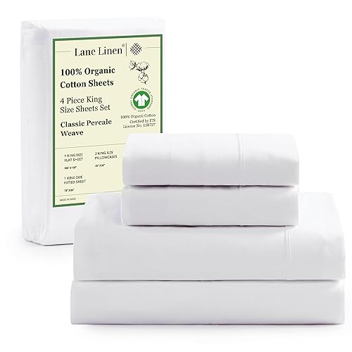 LANE LINEN 100% Organic Cotton King Size Sheets Set, 4Pc King Sheets, Soft Breathable Sheets King Size, Percale Weave, Hotel-Quality King Bed Sheets, 15" Deep Pocket King Sheet Set - White Bed Sheets - King - 01: Pure White