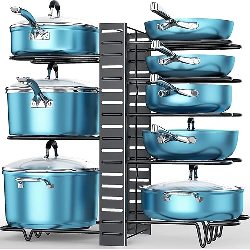 ORDORA 8 Tier Pot and Pan Organizer Rack for Cabinet With 3 DIY Methods, Adjustable Organizer for Pots, Pans and Lids - 1A-16.5"H-Non Slip