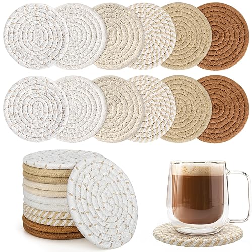 BUEDM 12 Pcs Boho Drink Coasters,6 Color Minimalist Cotton Handmade Woven Absorbent Drink Coasters,Heat Resistant Cotton Coasters for Coffee Table, Kitchen, Home Decoration（4.3 In） - Brown Cotton Ropes