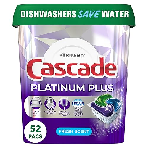 Cascade Platinum Plus Dishwasher Pod, Dish Detergent ActionPacs Dish Pods, Fresh, 52 Count - 52 Count (Pack of 1) - Fresh