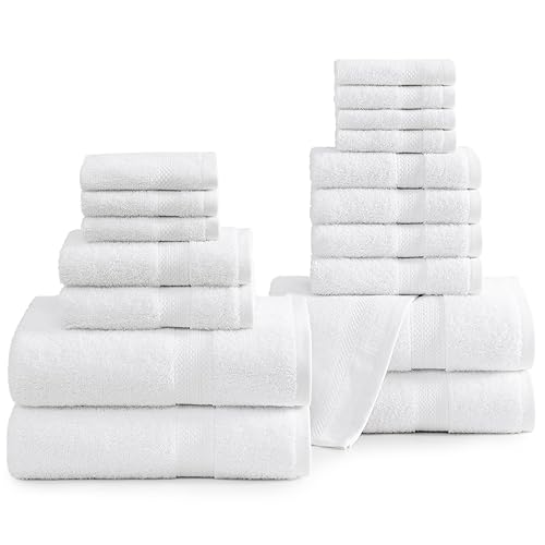 LANE LINEN Bath Towels for Bathroom Set- 18 PC 100% Cotton White Bathroom Towel Set, Soft Spa & Hotel Quality Towel Set - 4 Bath Towels, 6 Hand Towels for Bathroom and 8 Washcloths sets - White Towels - 18 Piece Towel Set - 02: White