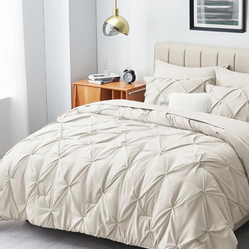 HIMEET Queen Size Bed Set 7 Pieces Queen Bed Set with Comforter and Sheets Pintuck Queen Bedding Sets Pinch Pleat Beige - Beige - Queen