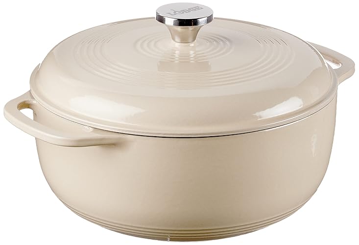 Lodge 6 Quart Enameled Cast Iron Dutch Oven with Lid – Dual Handles – Oven Safe up to 500° F or on Stovetop - Use to Marinate, Cook, Bake, Refrigerate and Serve – Sandalwood - Sandalwood
