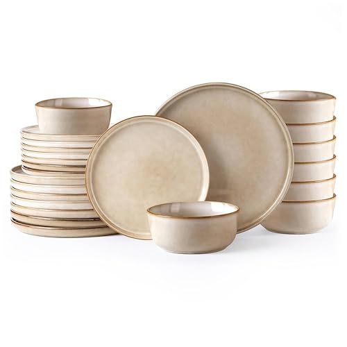 AmorArc Stoneware Dinnerware Sets,Round Reactive Glaze Ceramic Plates and Bowls Sets,Highly Chip and Crack Resistant | Microwave & Dishwasher Safe,Service for 8 Dishes Set (24pc) - Cappuccino Color - Service for 8