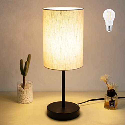 RISLG Small Table Lamp for Bedroom, Bedside Lamps for Nightstand with Wire Switch, Minimalist Modern Desk Lamps with Linen Fabric Shade for Kids Room Living Room Office Dorm - Beige-Black