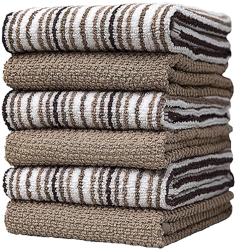 Kitchen Towels 16”x 26” - 6 Pack | Large Cotton Kitchen Hand Towels | Dish Towels | Popcorn Stripe Design | 430 GSM Highly Absorbent Tea Towels Set with Hanging Loop | Dish Towels for Kitchen | Tan - Tan