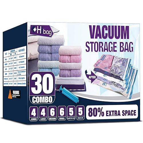 HIBAG Vacuum Storage Bags, 30-Pack Space Saver Vacuum Storage Bags, Vacuum Seal Bags for Clothing, Clothes, Comforters and Blankets (30C) - 30-COMBO