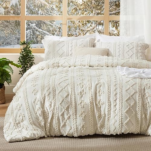 Bedsure Tufted Boho Comforter Set King Size - Beige Boho Bedding Comforter Set, 3 Pieces Farmhouse Shabby Chic Embroidery Bed Set, Gifts for Woman, Soft Jacquard Comforter for All Seasons - King - 05 - Beige - Elegant
