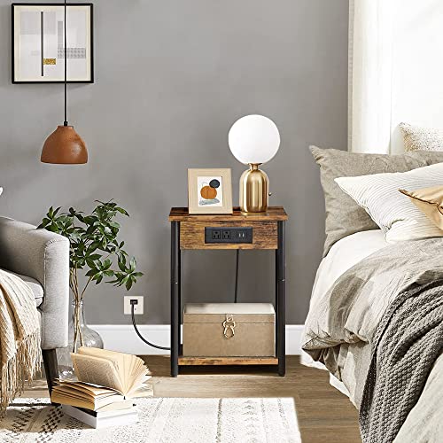 TUTOTAK Nightstand with Charging Station, End Table, Side Table with USB, 21.8”H Night Stand with Storage Shelf, Sofa Couch Table V1TB01BB025 (1 pc) - Brown - 1
