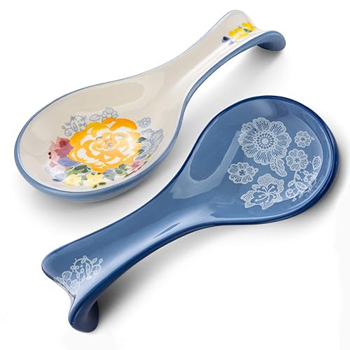 Ceramic Spoon Rest, by Kook, Spoon Rest for Stovetop, Kitchen Decor, Farmhouse Kitchen Decor, Ladle, Utensil Holder, Dishwasher Safe, for Home and Coffee Bar Accessories, Set of 2 (Floral) - Floral