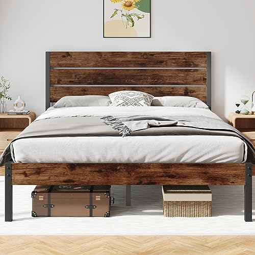 Fluest Queen Bed Frame with Headboard and Footboard, with Under Bed Storage, All-Metal Support System, No Box Spring Needed, Easy Assembly,Rustic Brown - Rustic Brown - Queen