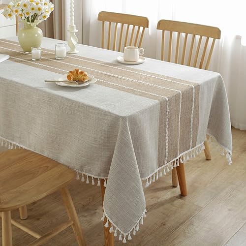 JIALE Tablecloths for Rectangle Tables,Cotton Linen Table Cloth Waterproof Tablecloth Wrinkle Free Farmhouse Dining Table Cover,Soft Fabric Table Cloths with Tassels,Brown,55" X 120",10-12 Seats - A-striped Brown - Rectangle/oblong 55''x120'',10-12 Seats