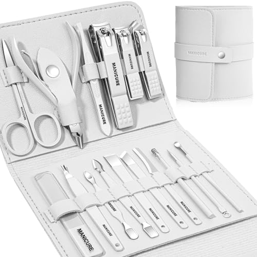 Manicure Set Professional Nail Clippers Pedicure Kit, 16 pcs Stainless Steel Nail Care Tools Grooming Kit with Luxurious Travel Leather Case for Thick Nails Men Women Gift (White) - White