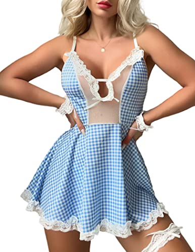 Avidlove Sexy Lingerie for Women Role Play Maid Outfit Cosplay Lingerie Dress Naughty Lace Babydolls Lingerie - Light Blue - Small