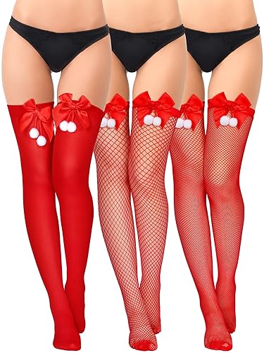 Tarpop 3 Pairs Christmas Fishnet Thigh High Stocking Red Women's Lace Top Fishnet Mesh Suspenders Over Knee Stocking for Women Xmas Costume Red Accessories