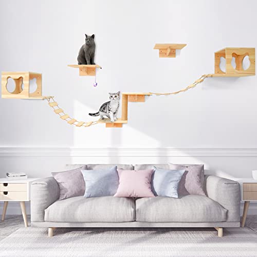 Cat Shelves and Perches for Wall, Cat Wall Furniture, Mounted Indoor Cats Furniture Solid Wood for Cat Sleeping Playing Loun - Anti-slip