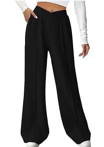 HOPYOP Womens Sweatpants Wide Leg Pants for Women Fall Winter Baggy V Crossover Womens Sweat Pants with Pockets - Large - Black