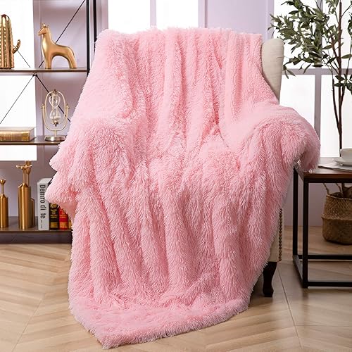 Faux Fur Throw Blanket, Super Soft Lightweight Shaggy Fuzzy Blanket Warm Cozy Plush Fluffy Decorative Blanket for Couch,Bed, Chair(60"x80", Pink) - Twin - Pink