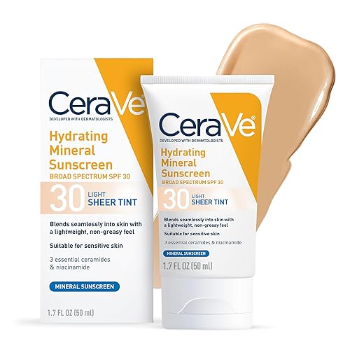 CeraVe Hydrating Mineral Sunscreen SPF 30 with Sheer Tint, Tinted Mineral Sunscreen with Zinc Oxide & Titanium Dioxide, Blends Seamlessly For Healthy Glow, Light, 1.7 Oz - Light