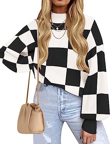 ZESICA Women's 2024 Fall Fashion Turtleneck Long Sleeve Striped Ribbed Knit Loose Pullover Sweater Tops - Blackplaid - XX-Large