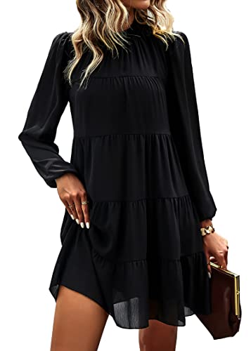 KIRUNDO Women's Long Sleeve Ruffle Mock Neck Tiered Mini Dress Casual Flowy Swing Tunic Shift Dresses - Black