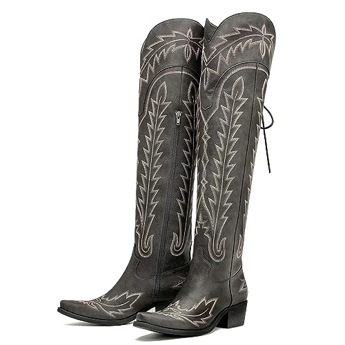 MissHeel Over the Knee Cowboy Boots for Women Adjustable Thigh High Cowgirl Boots - 10 - Black